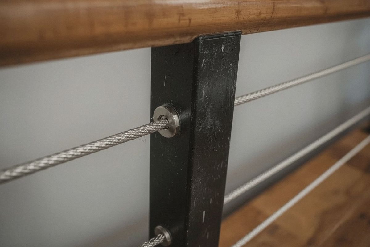 Stainless cable tensioner fitting on a custom cable railing post