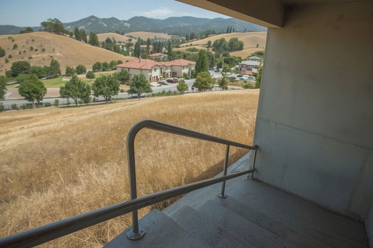 Commercial steel stair guardrail and handrail at an office campus