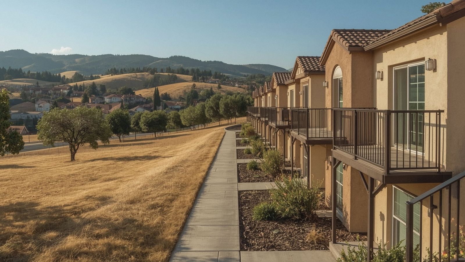 Uniform balcony railings on condo townhomes in San Ramon