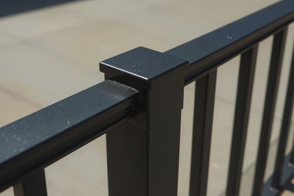 Powder-coated aluminum railing post and pickets close-up
