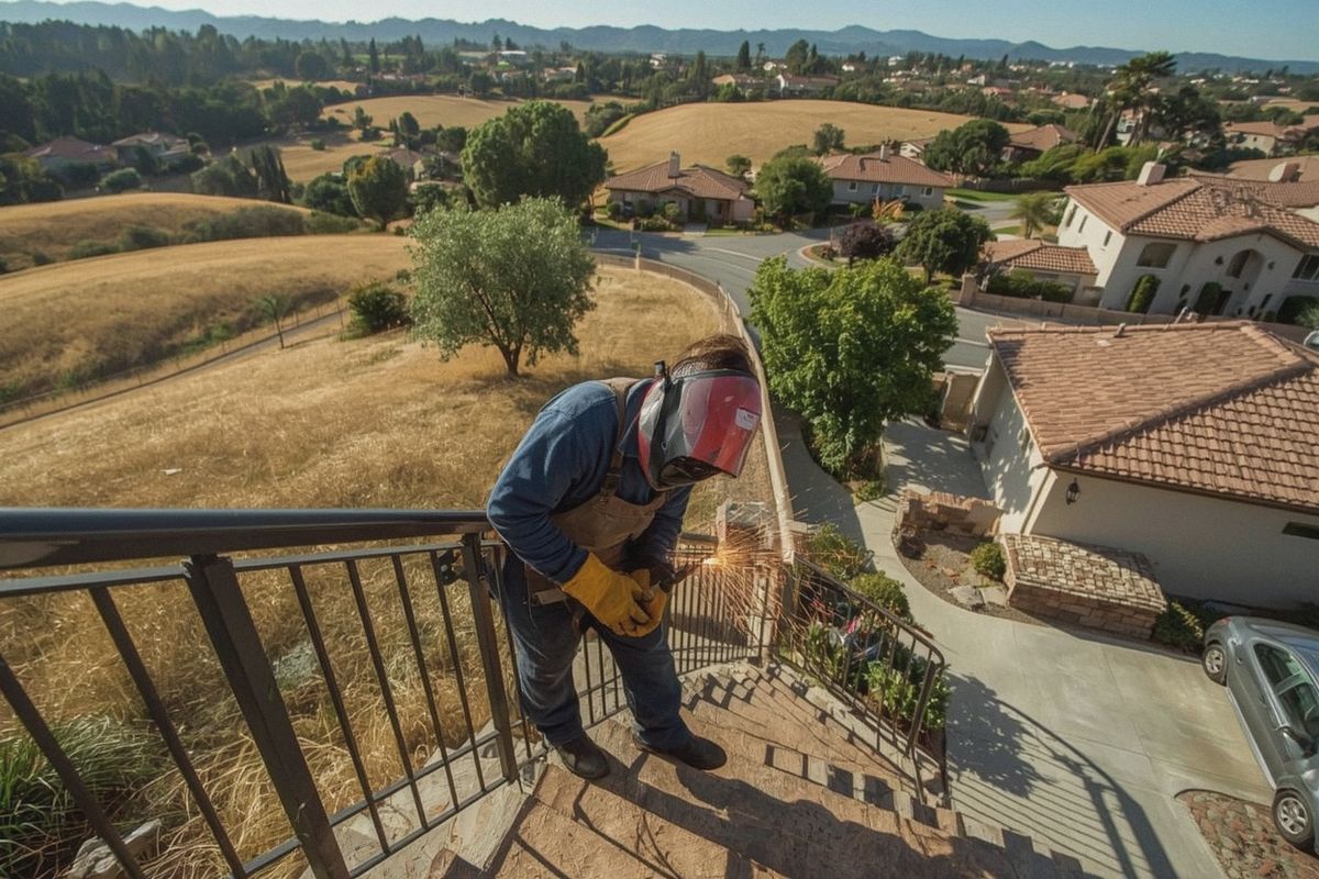 Welder repairing a broken iron railing joint on site