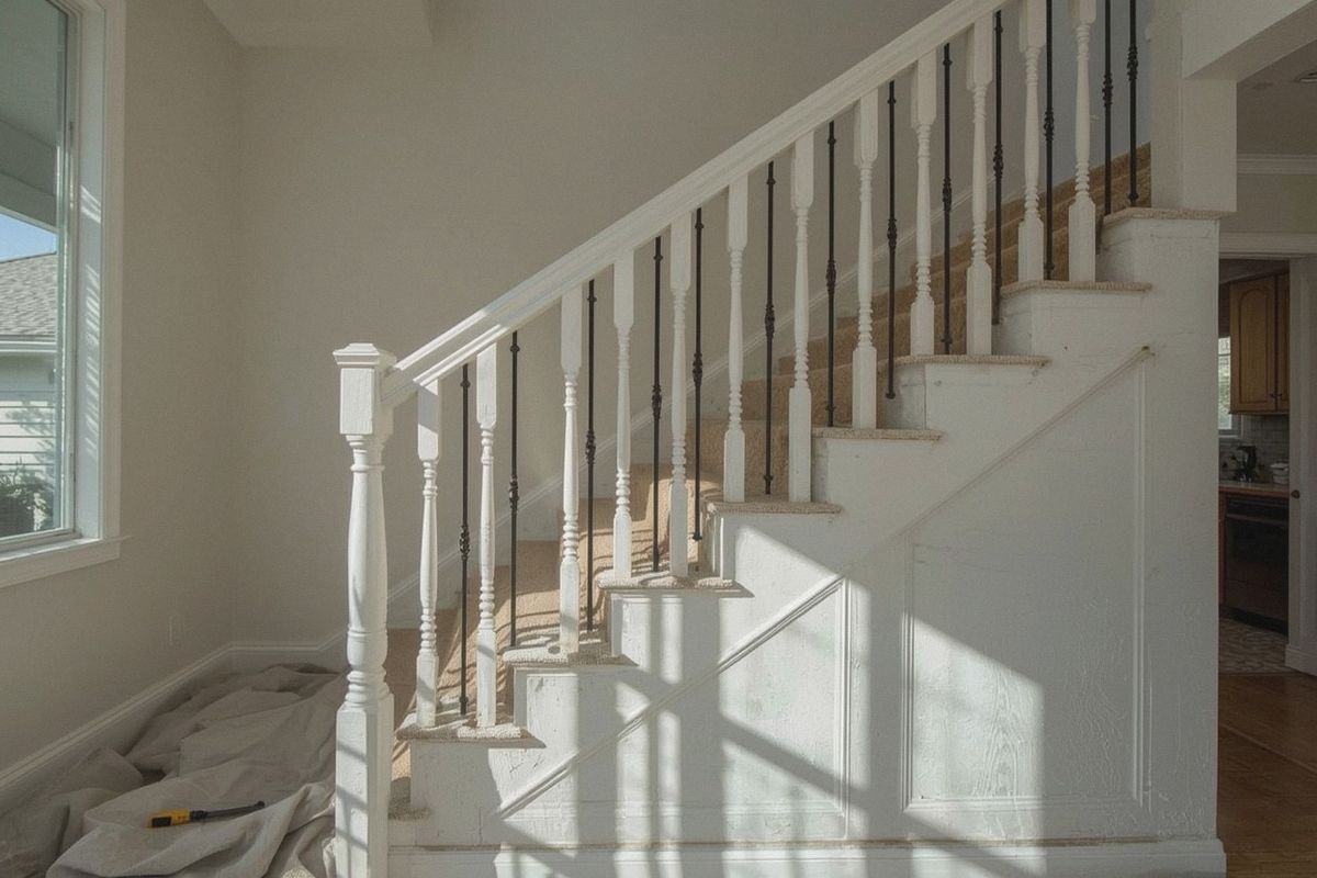 Wood spindles being replaced with iron balusters during a stair railing remodel