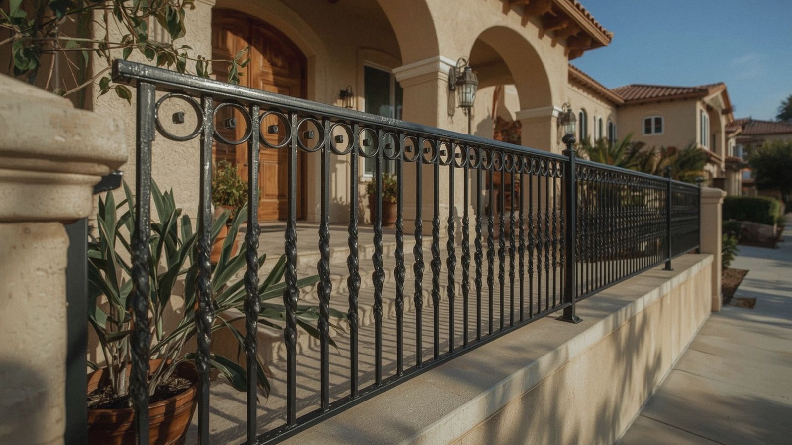Black wrought iron porch railing on a San Ramon home